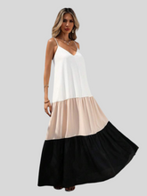 Long, three-color strapless dress