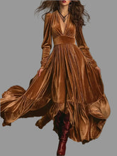 VESTIDO LARGO DE TERCIOPELO PANELADO 6 CLRS