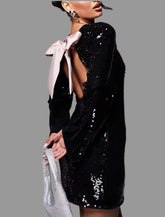 VESTIDO RECTO LENTEJUELAS CON LAZO