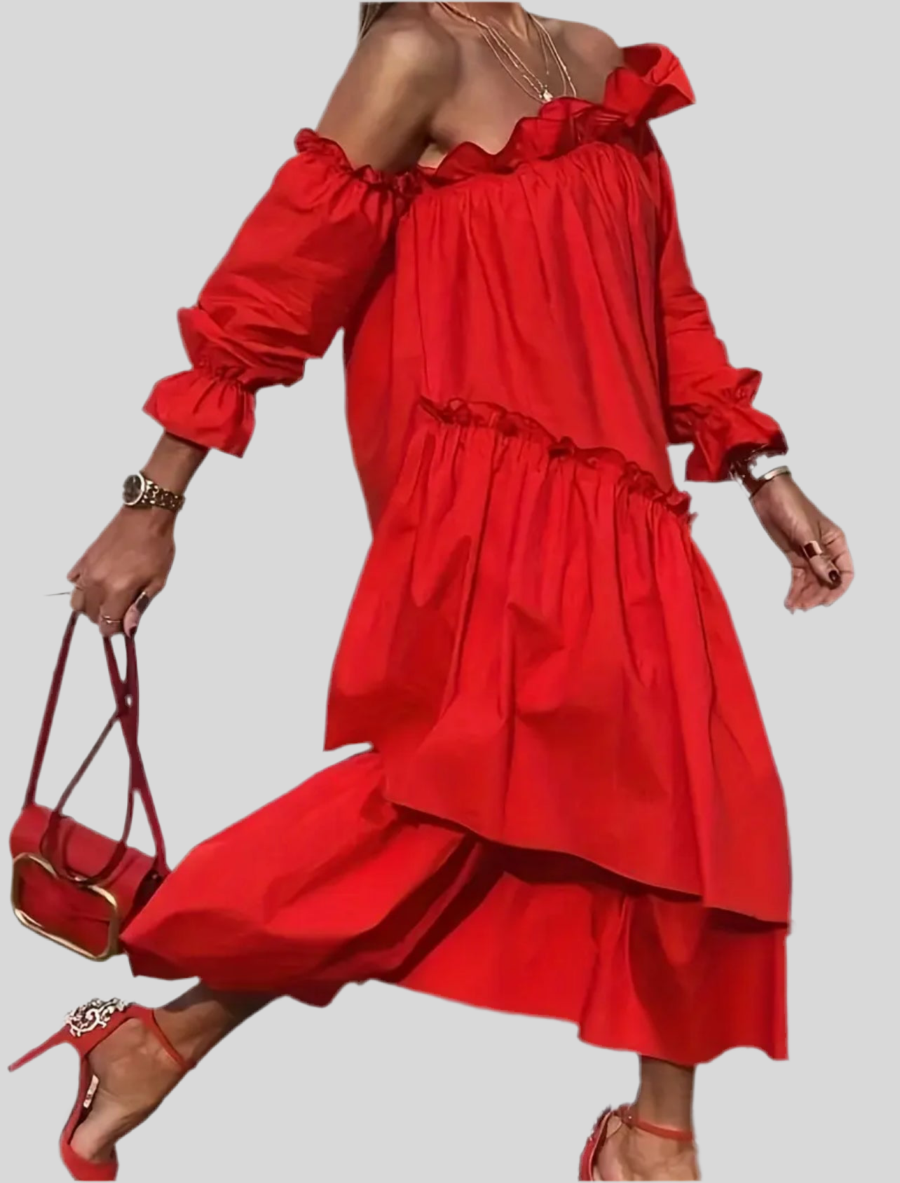 VESTIDO MIDI AMPLIO VOLANTES 2 CLRS