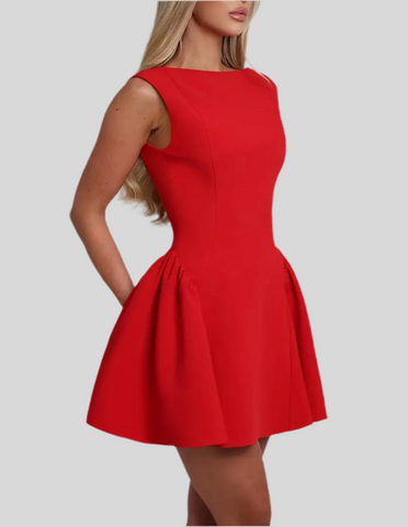 RED DRESS WITH FLARE BACK NECKLINE