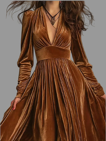 VESTIDO LARGO DE TERCIOPELO PANELADO 6 CLRS