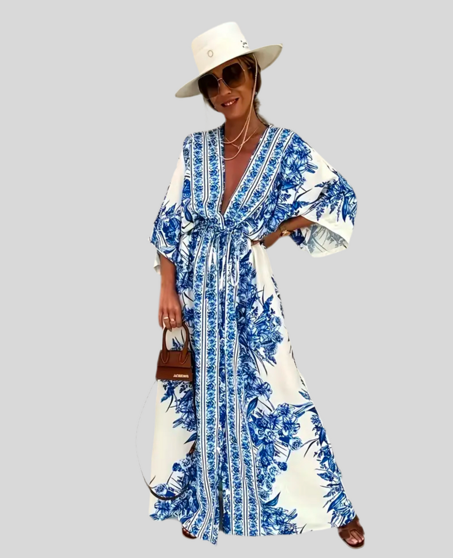 LONG DRESS PRINTED IN BLUE AND WHITE