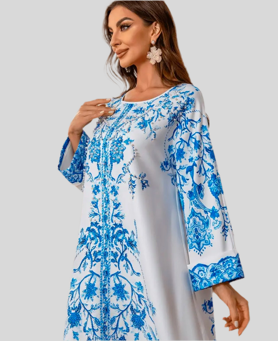 KAFTAN AMPLÍO DE ESTAMPADO ABALORIOS