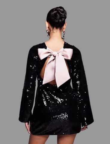 VESTIDO RECTO LENTEJUELAS CON LAZO