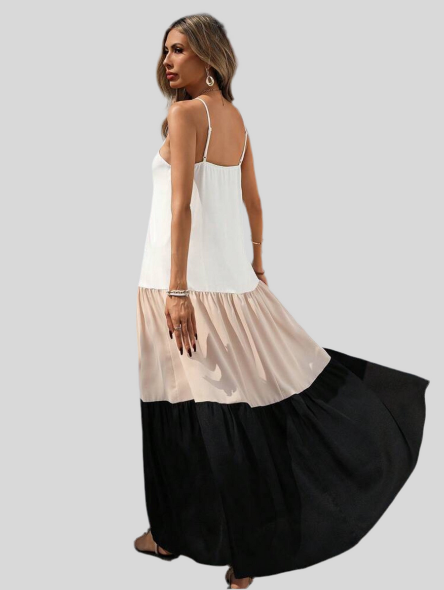 Long, three-color strapless dress