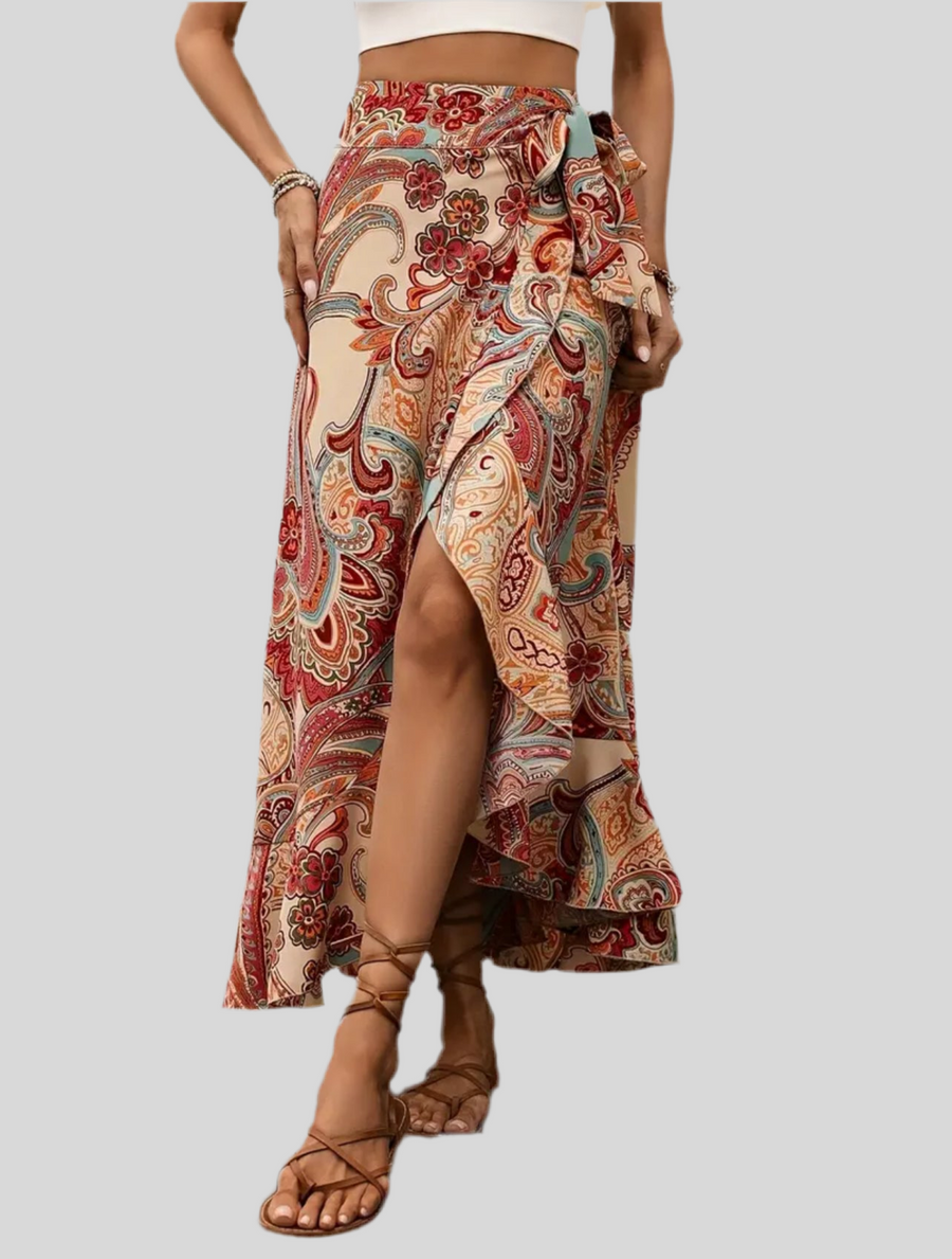 FALDA ATADA CON VOLANTE EST PAISLEY