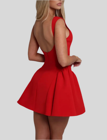RED DRESS WITH FLARE BACK NECKLINE