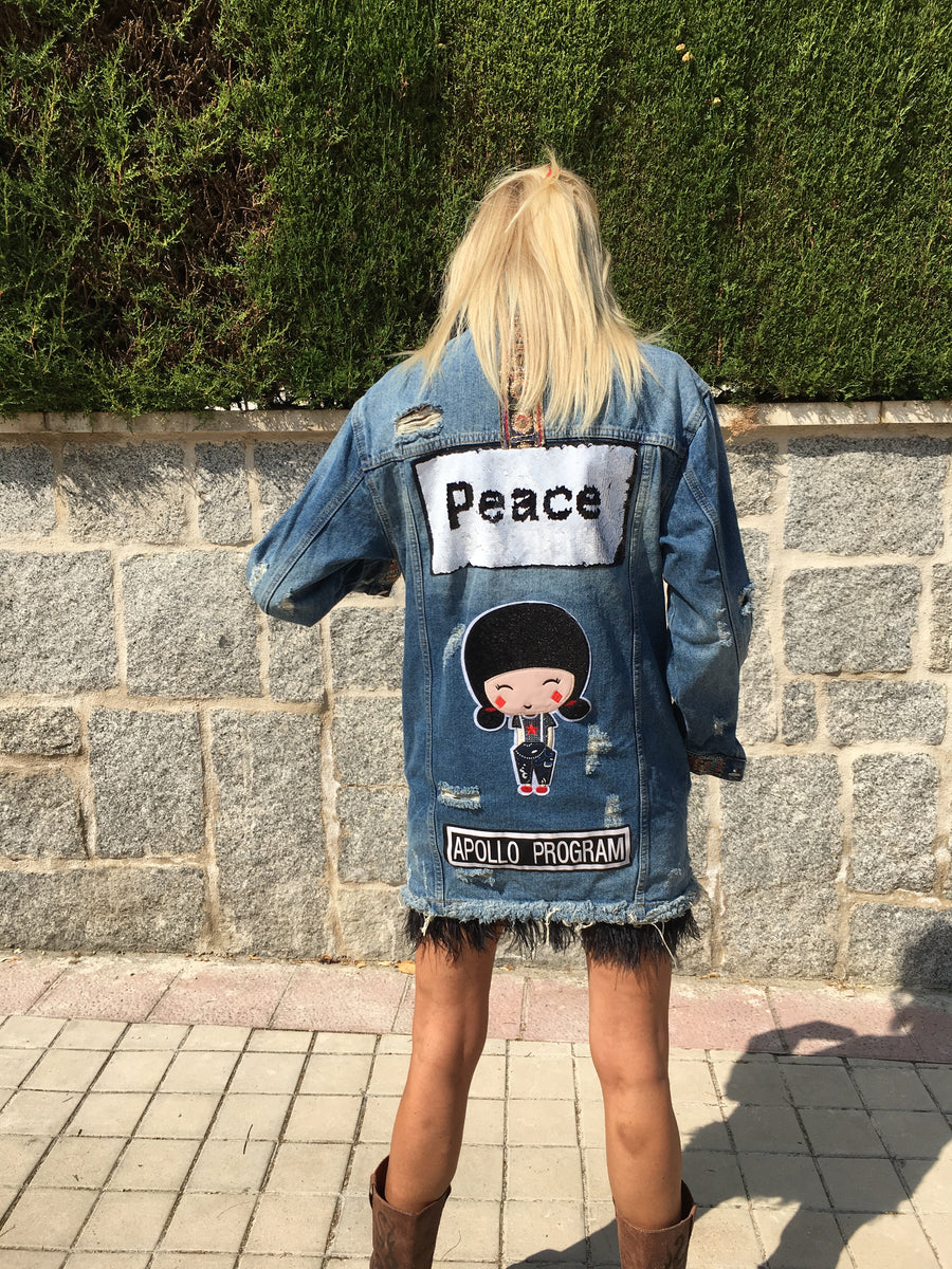 Denim jacket with charms and sequins