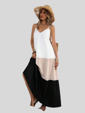 Long, three-color strapless dress