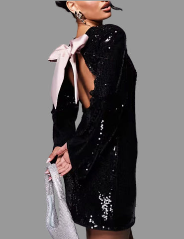VESTIDO RECTO LENTEJUELAS CON LAZO