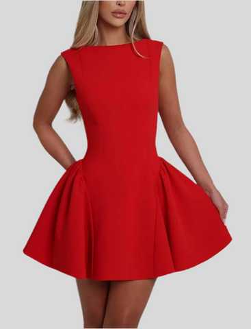 RED DRESS WITH FLARE BACK NECKLINE