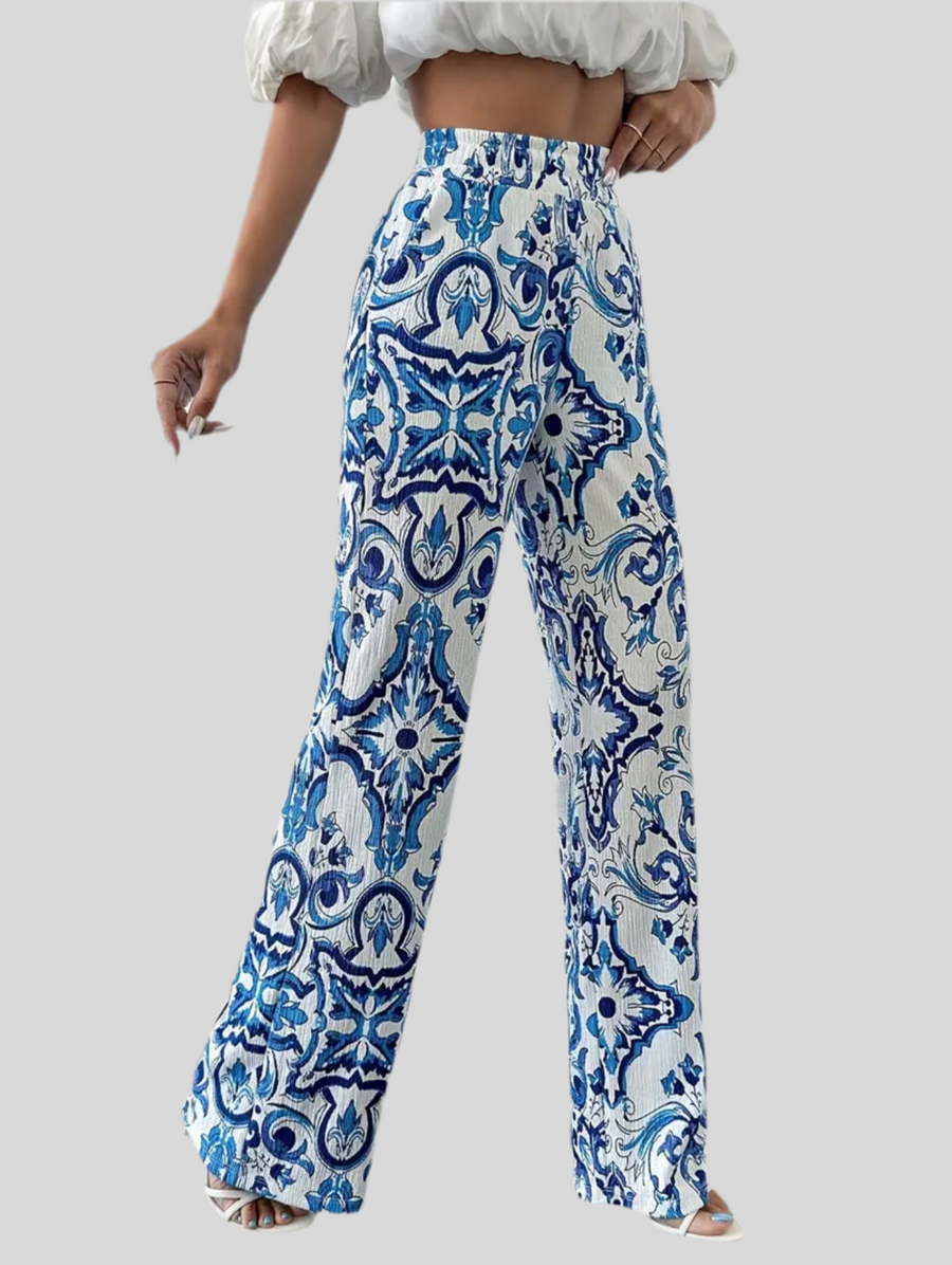 PANTALÓN ESTAMPADO EN AZULES CINTURA ELÁSTICA