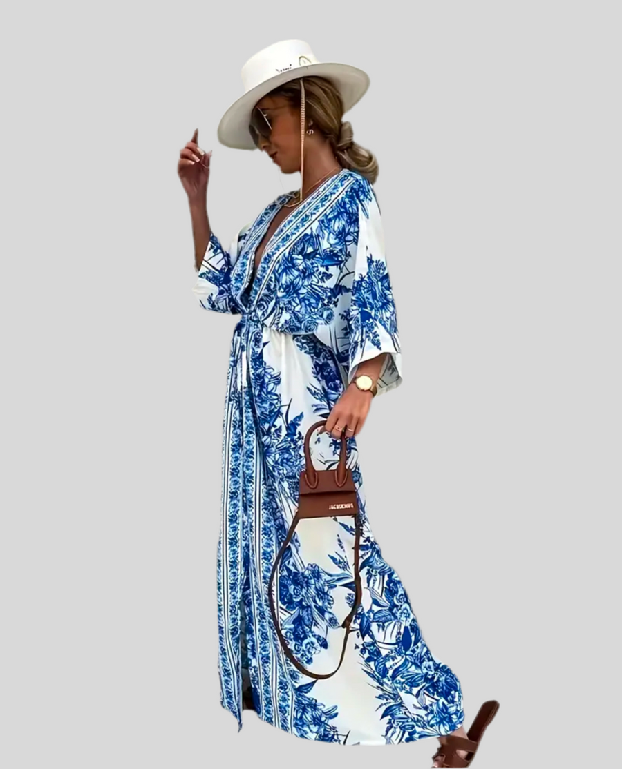 LONG DRESS PRINTED IN BLUE AND WHITE