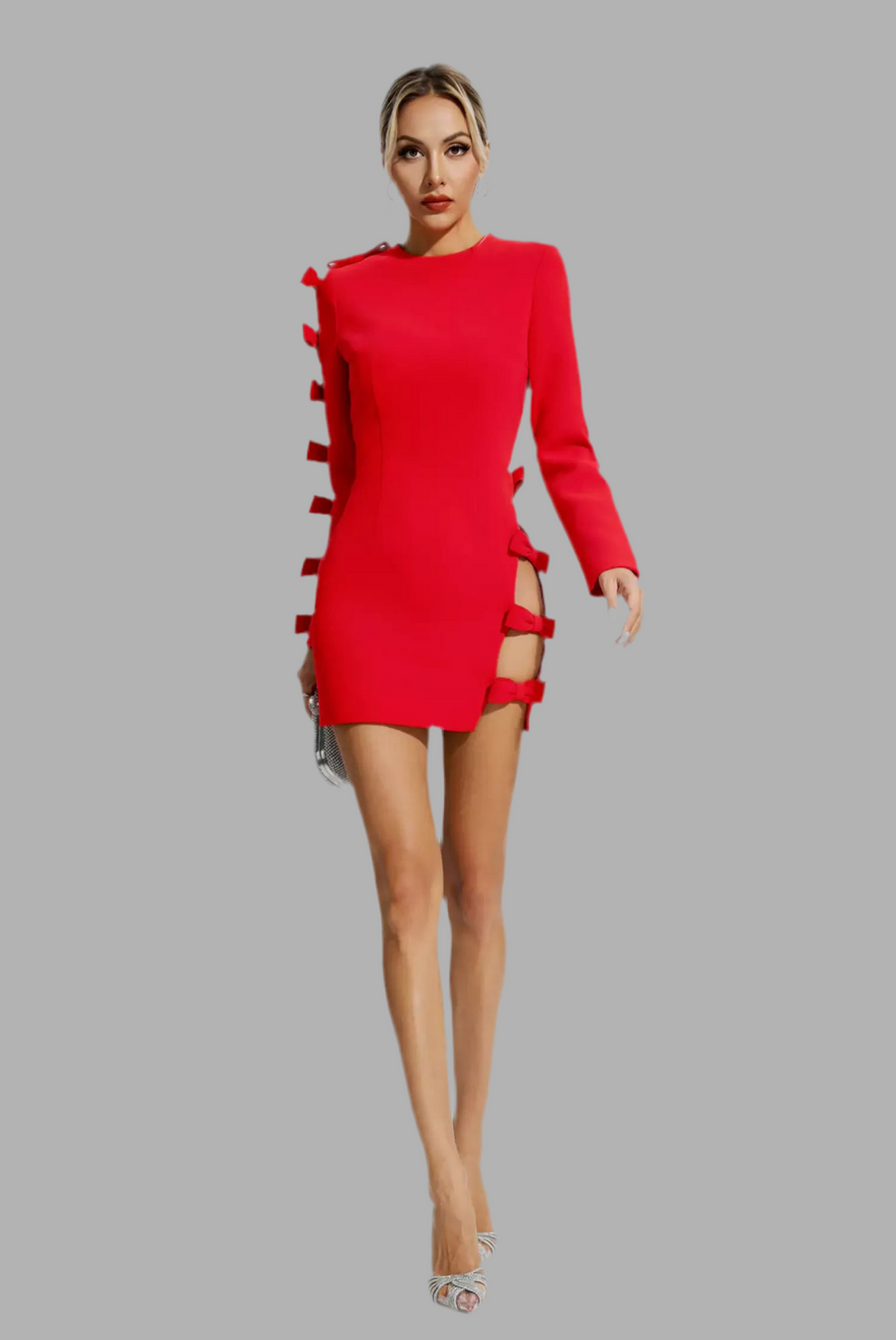 VESTIDO CEREMONIA LAZOS LATERALES MANGA LARGA