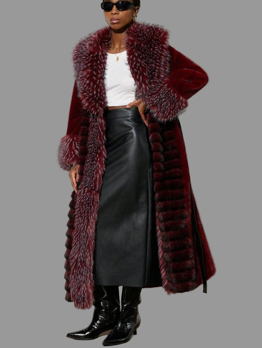 ABRIGO DE PIEL ECOLÓGICA BURDEOS CON GRAN CUELLO