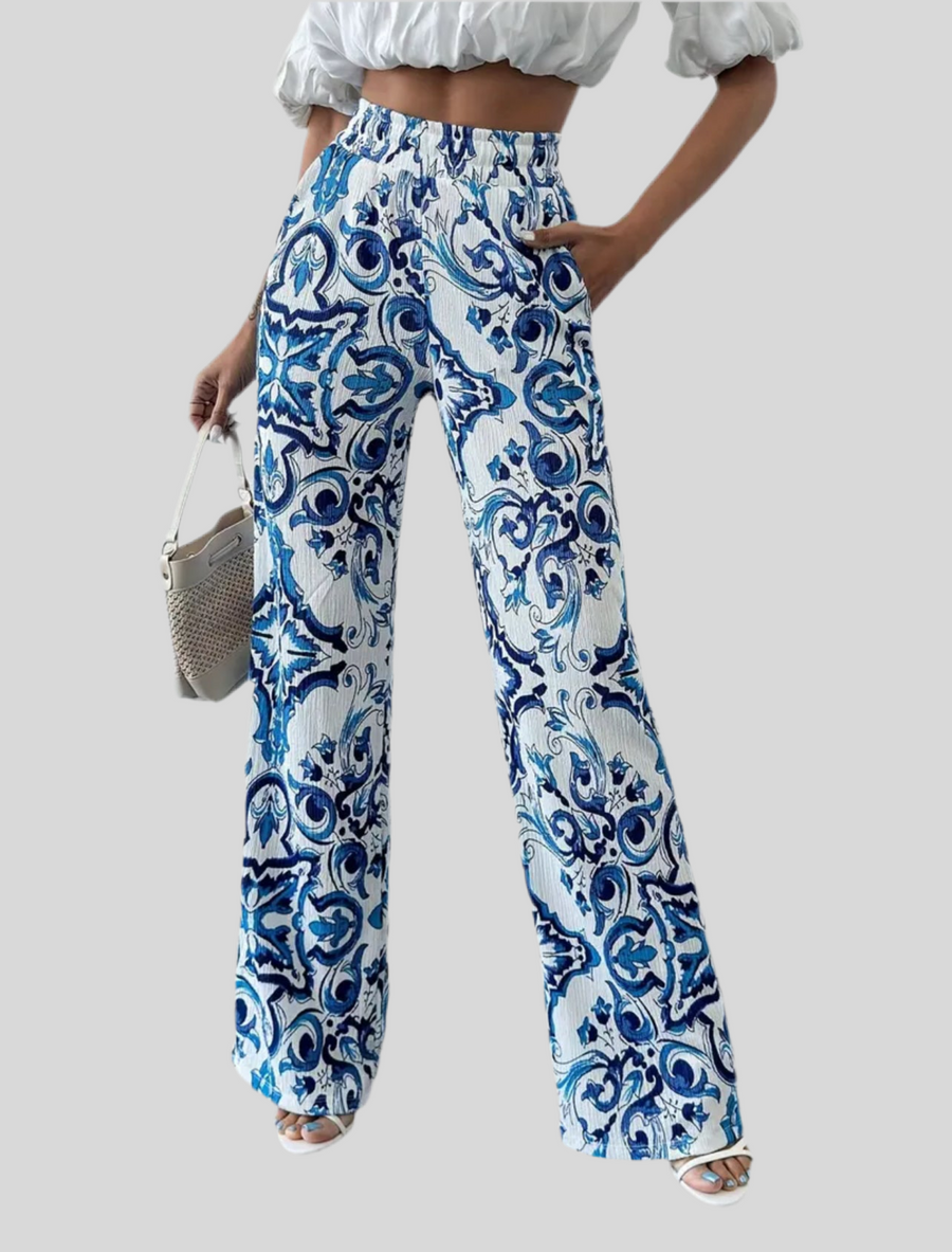 PANTALÓN ESTAMPADO EN AZULES CINTURA ELÁSTICA