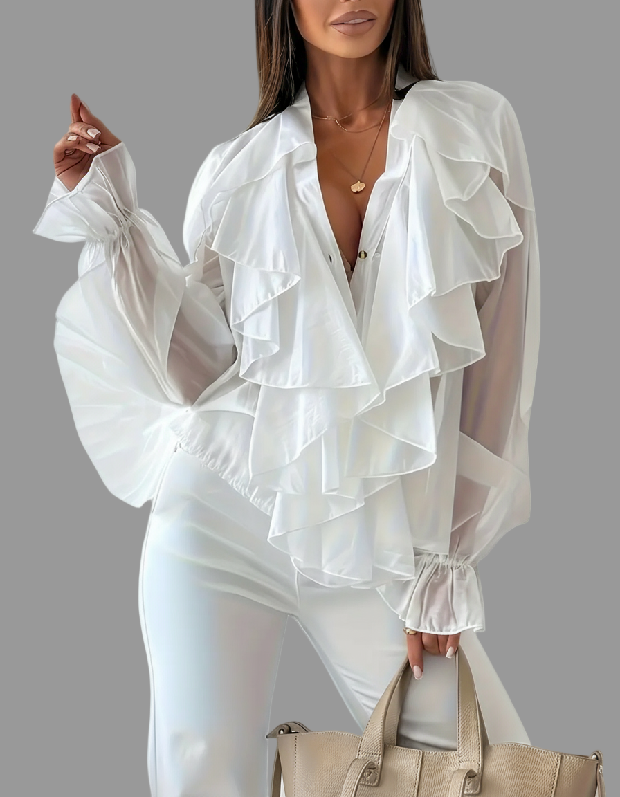 CAMISA DE VOLANTES ESCOTE EN UVE 3 CLRS