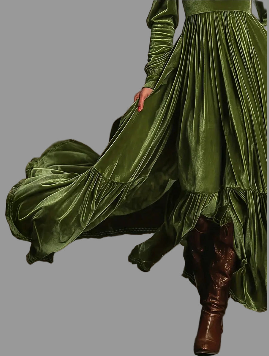 VESTIDO LARGO DE TERCIOPELO PANELADO 6 CLRS