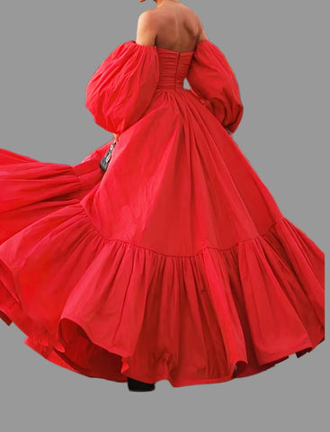 VESTIDO ROJO MANGAS ABULLONADAS