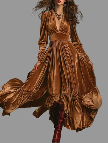 VESTIDO LARGO DE TERCIOPELO PANELADO 6 CLRS