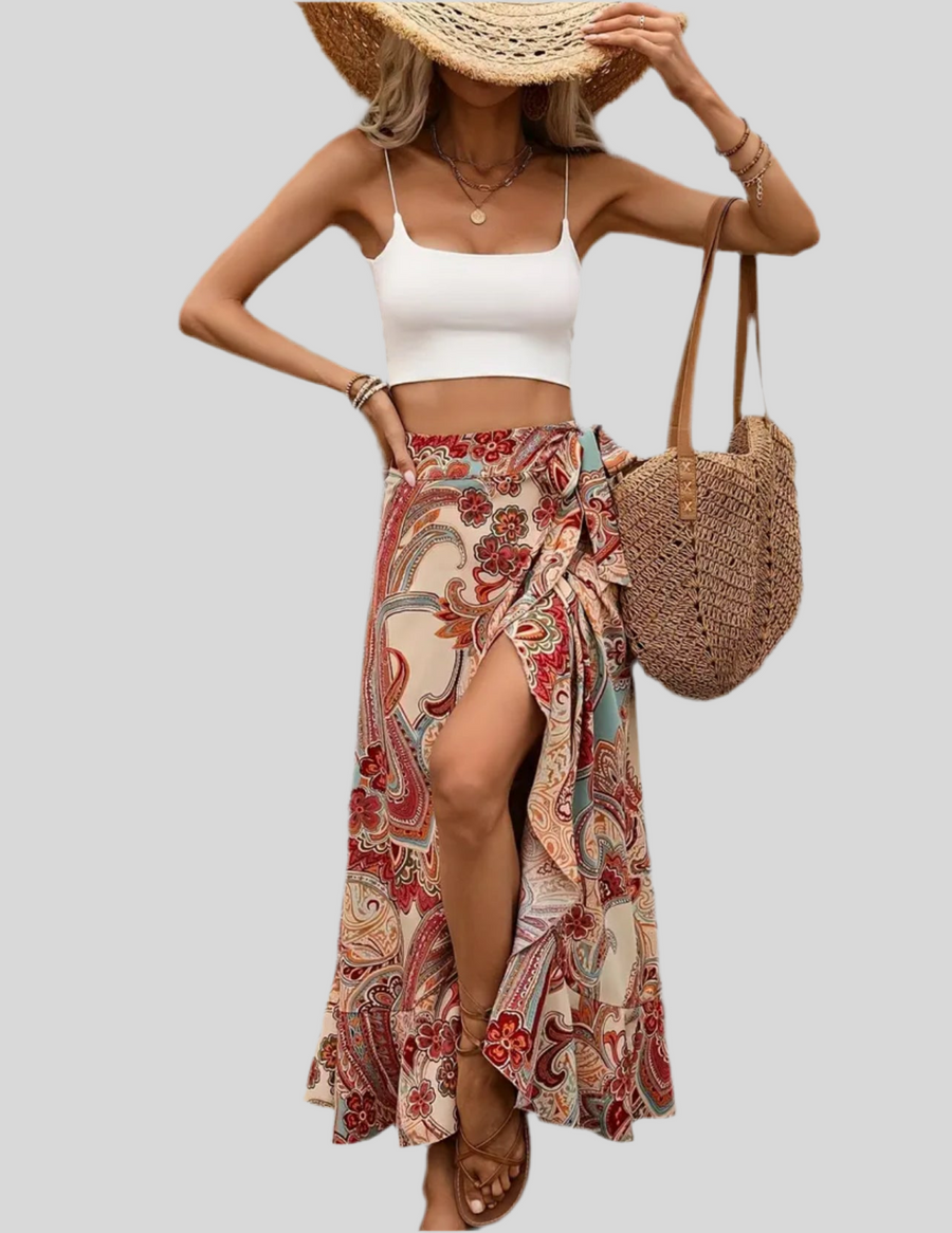 FALDA ATADA CON VOLANTE EST PAISLEY