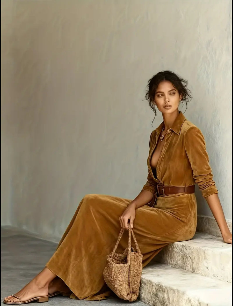 VESTIDO CAMISERO LARGO ATERCIOPELADO