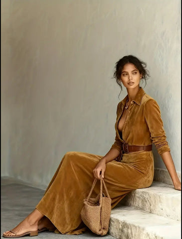 VESTIDO CAMISERO LARGO ATERCIOPELADO