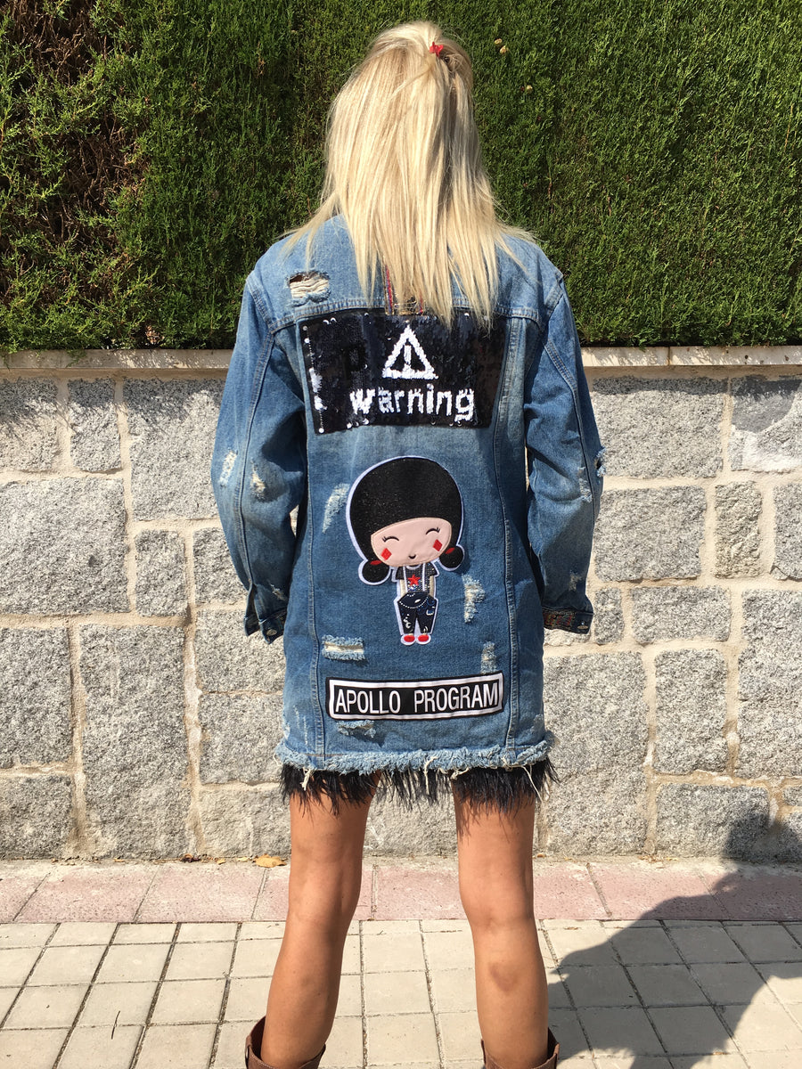 Denim jacket with charms and sequins