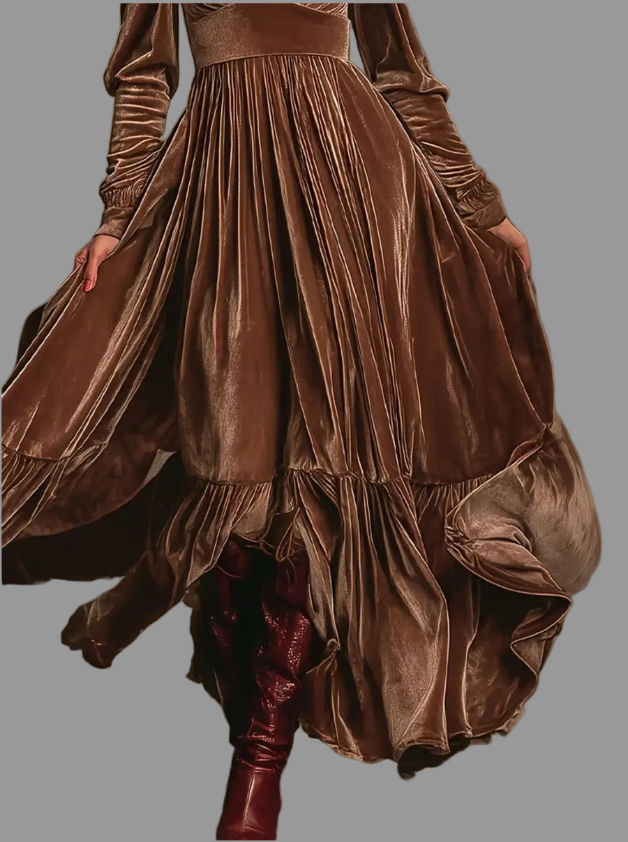 VESTIDO LARGO DE TERCIOPELO PANELADO 6 CLRS