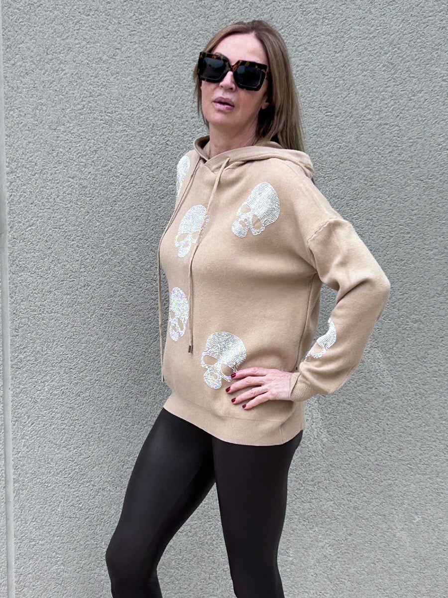 Soft knit and rhinestone hooded sweater