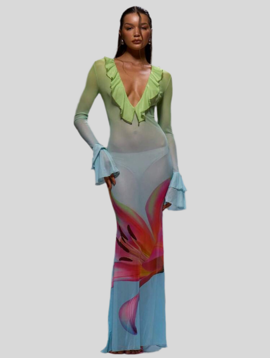 VESTIDO LARGO CON ESCOTE Y VOLANTES