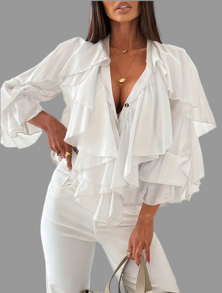 CAMISA DE VOLANTES ESCOTE EN UVE 3 CLRS