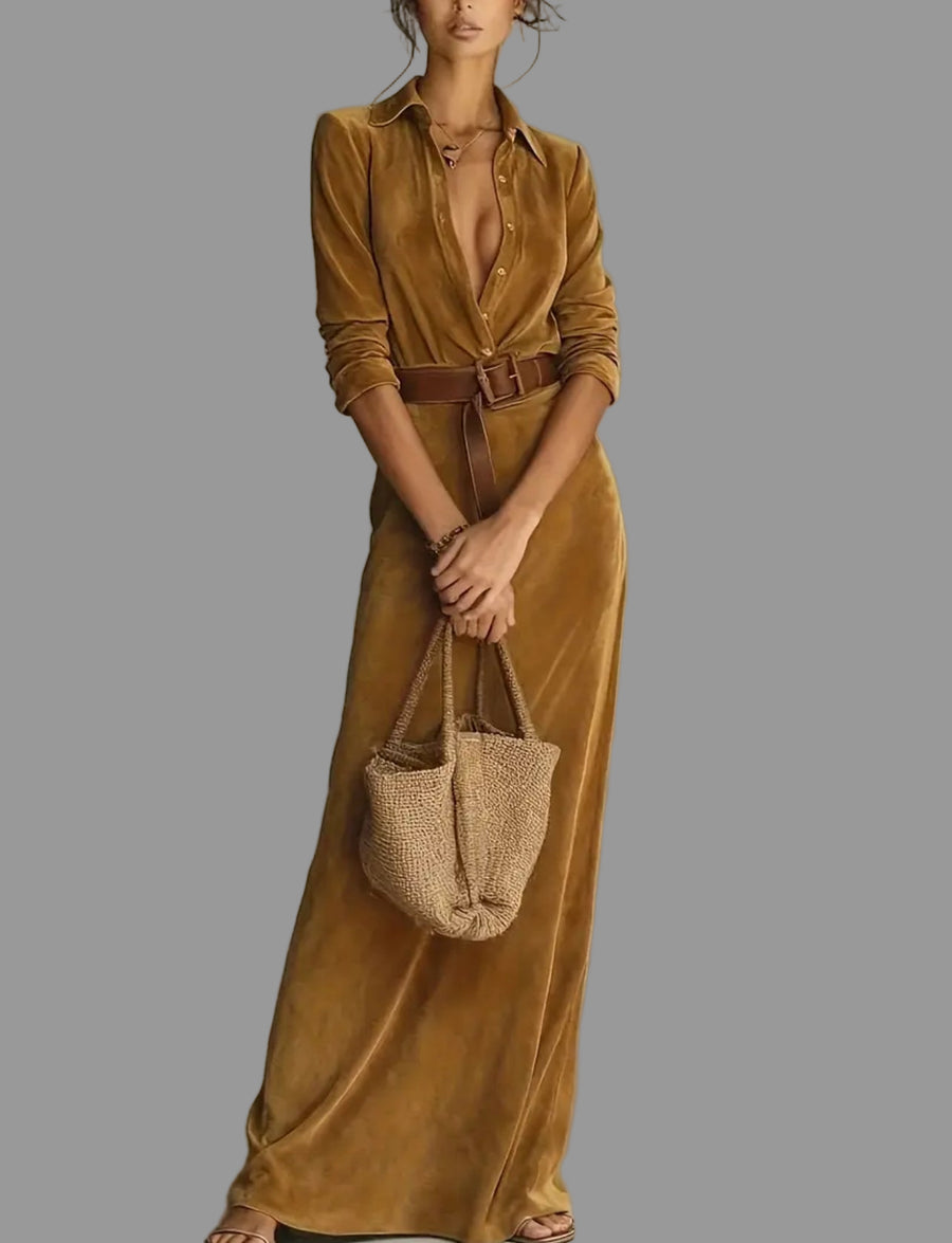 VESTIDO CAMISERO LARGO ATERCIOPELADO