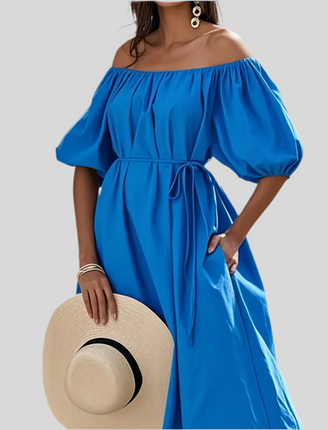 VESTIDO AMPLIO ESCOTE HOMBROS 3 CLRS