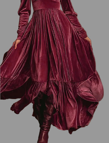 VESTIDO LARGO DE TERCIOPELO PANELADO 6 CLRS