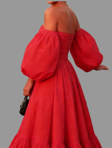 VESTIDO ROJO MANGAS ABULLONADAS
