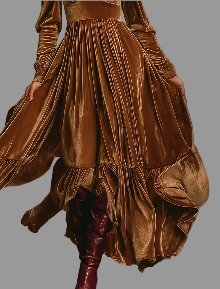 VESTIDO LARGO DE TERCIOPELO PANELADO 6 CLRS