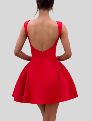RED DRESS WITH FLARE BACK NECKLINE