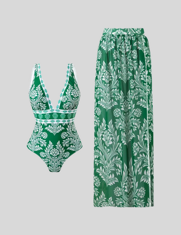 CONJUNTO TRAJE DE BAÑO Y FALDA ELÁSTICA