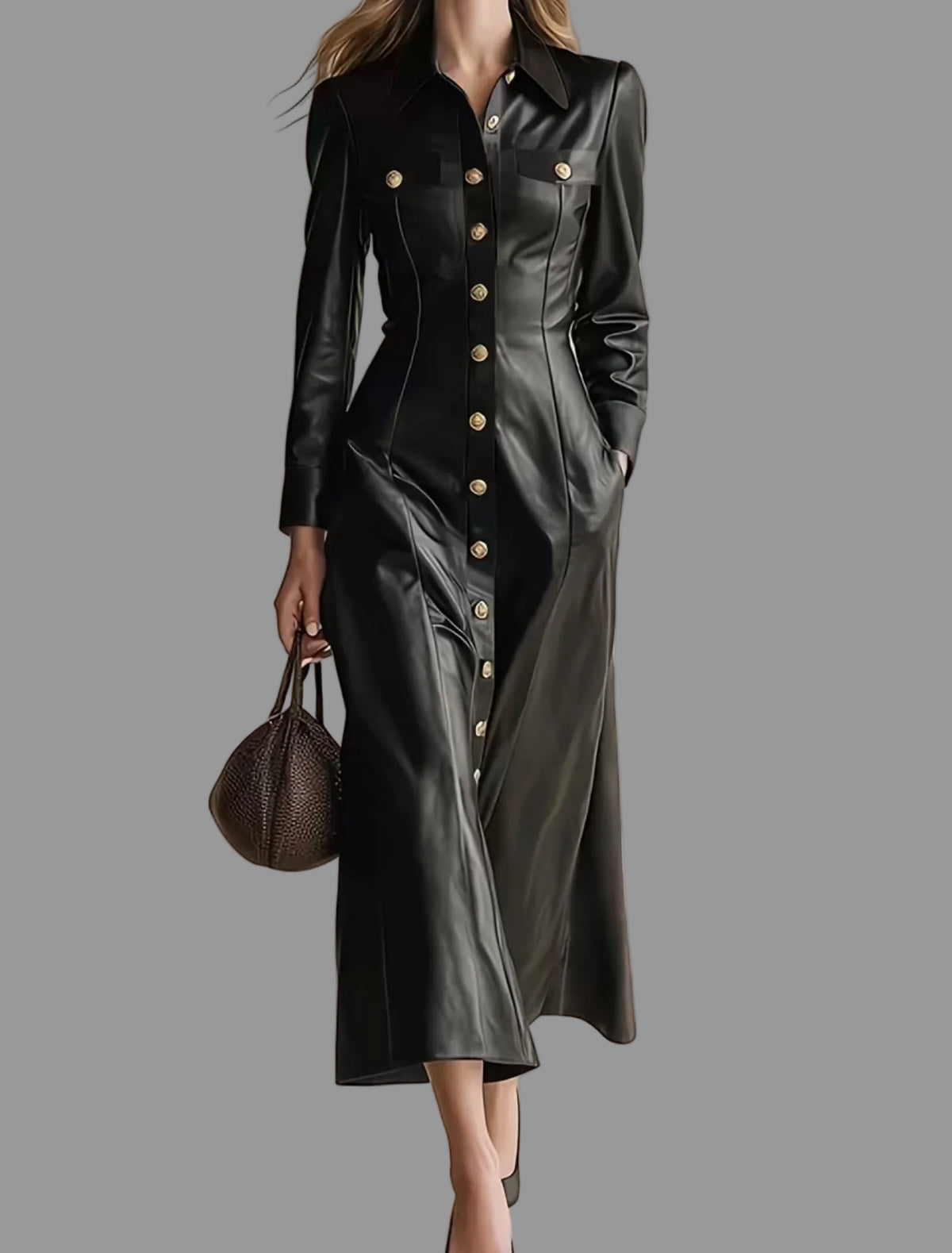 VESTIDO DE ECO CUERO NEGRO CON BOTONES