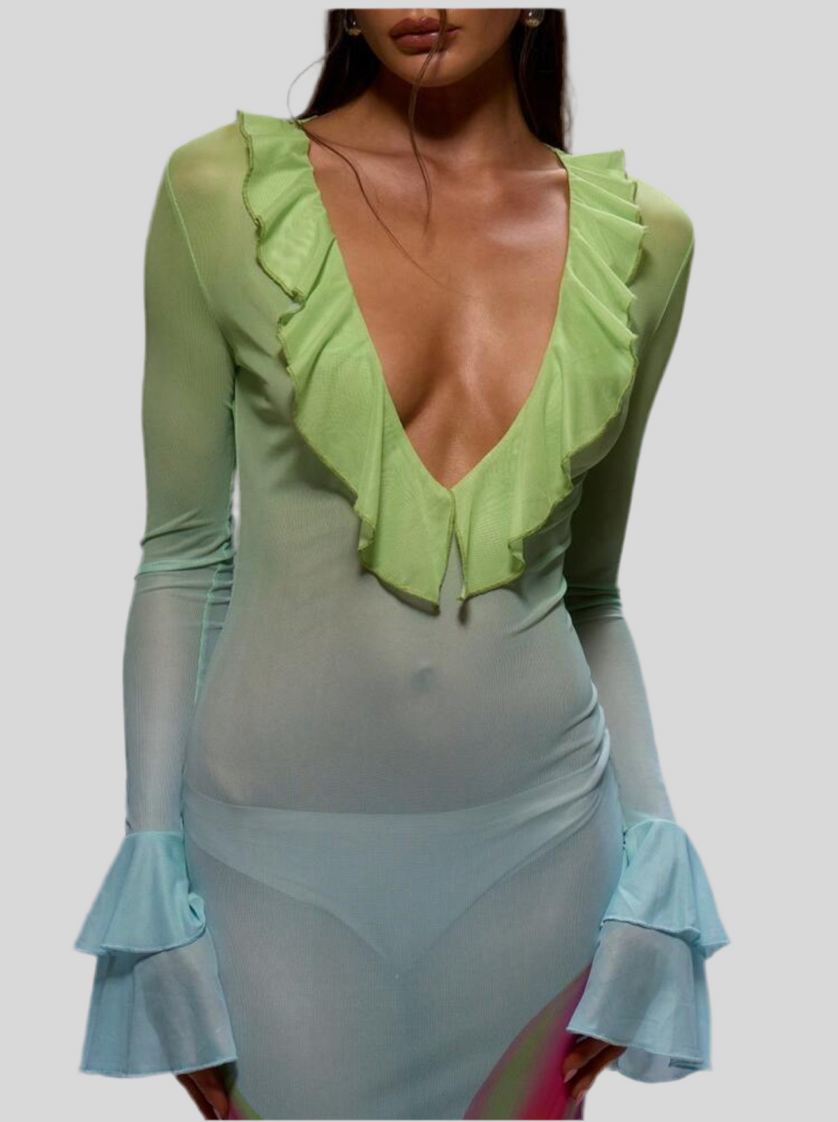 VESTIDO LARGO CON ESCOTE Y VOLANTES
