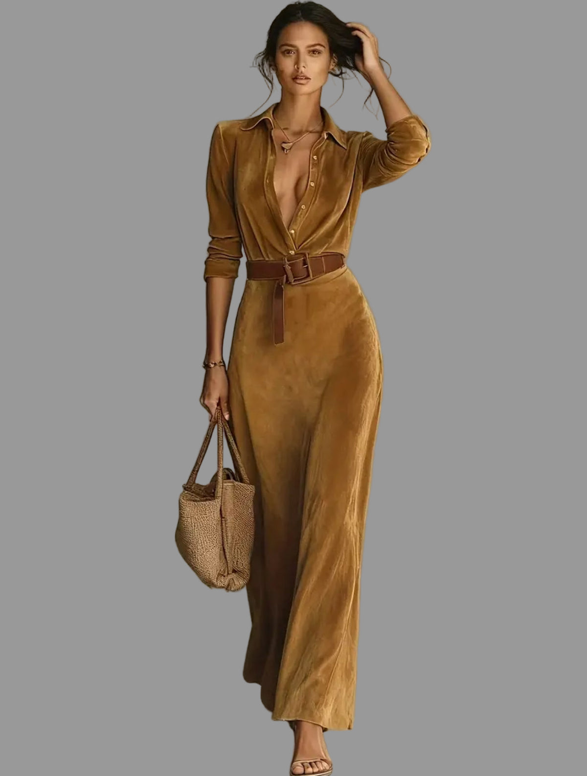 VESTIDO CAMISERO LARGO ATERCIOPELADO