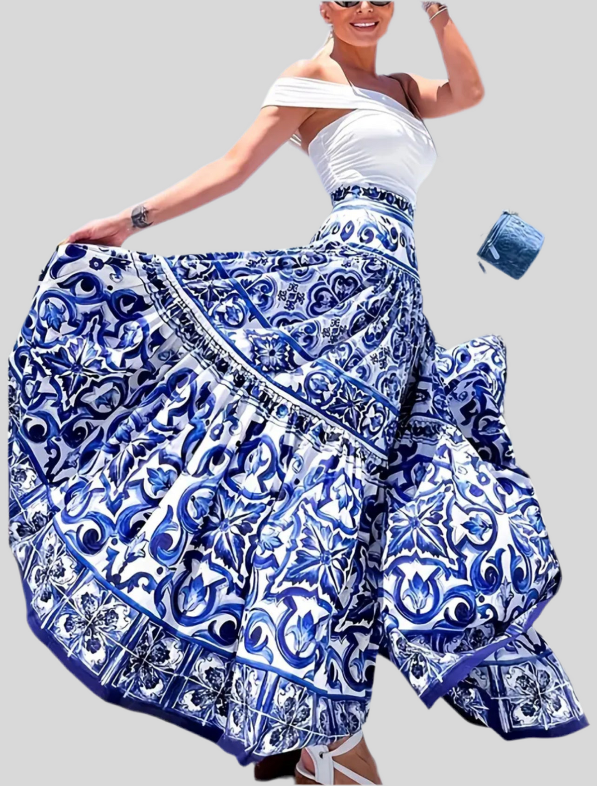 FALDA LARGA FRUNCIDA ESTAMPADO AZULES