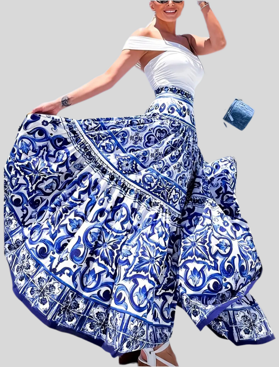FALDA LARGA FRUNCIDA ESTAMPADO AZULES