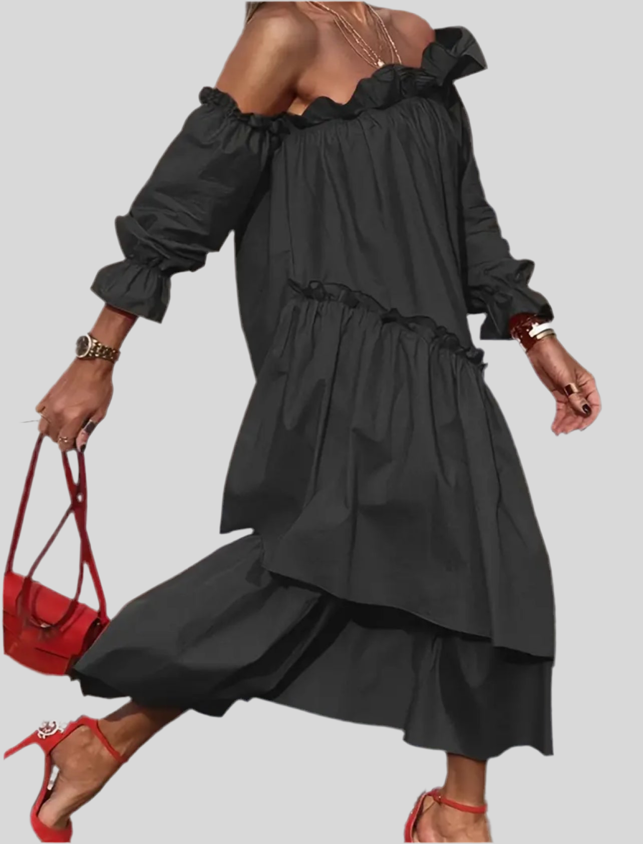 VESTIDO MIDI AMPLIO VOLANTES 2 CLRS