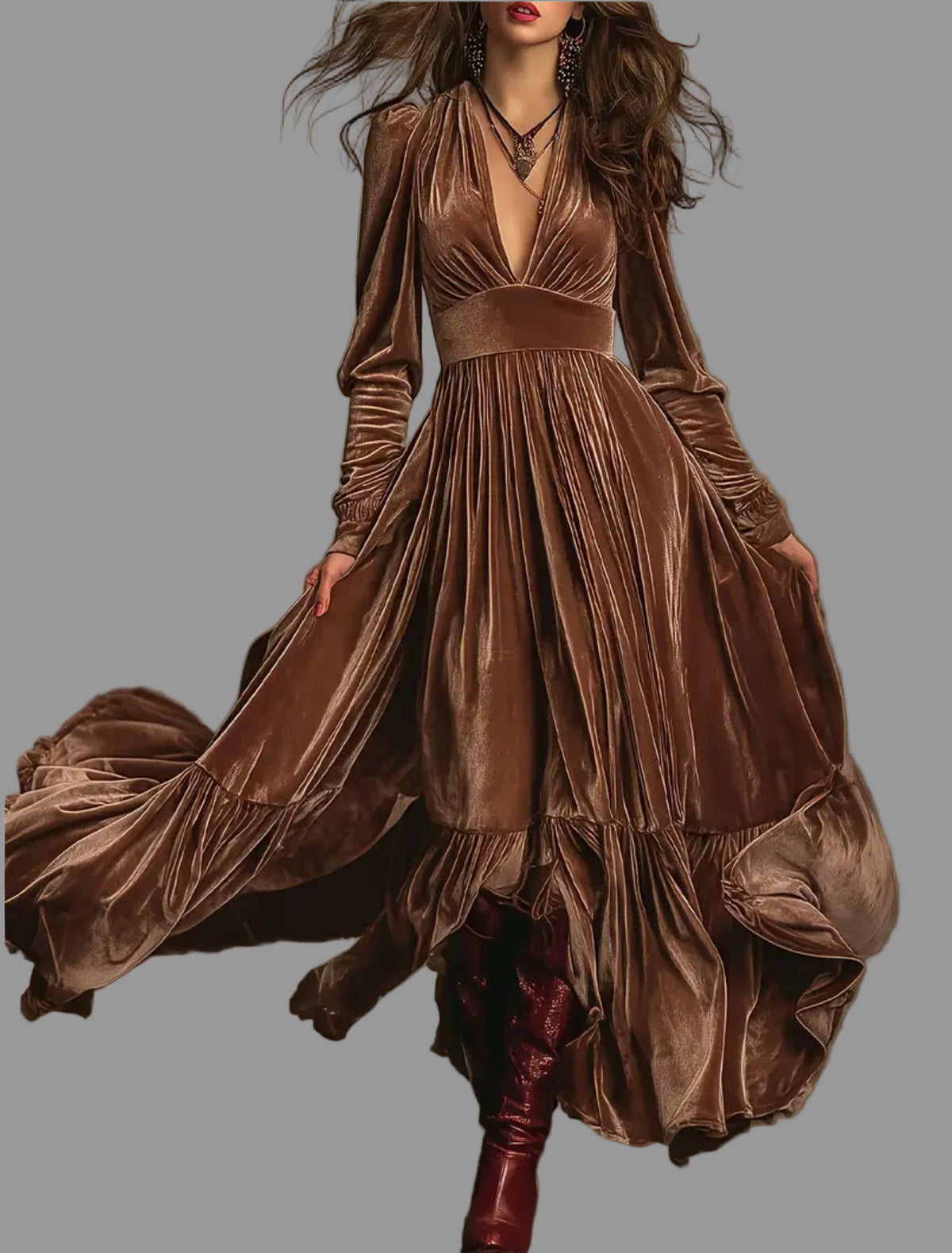 VESTIDO LARGO DE TERCIOPELO PANELADO 6 CLRS