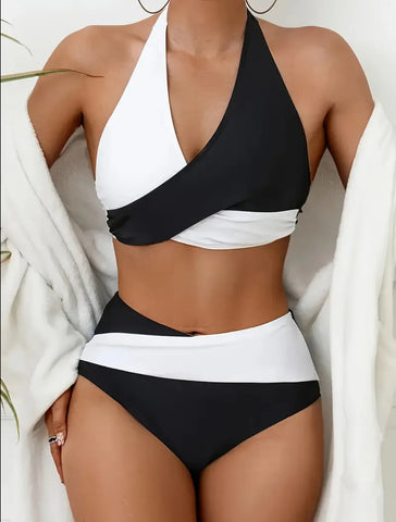 BIKINI CRUZADO ESCOTE HALTER BLANCO Y NEGRO