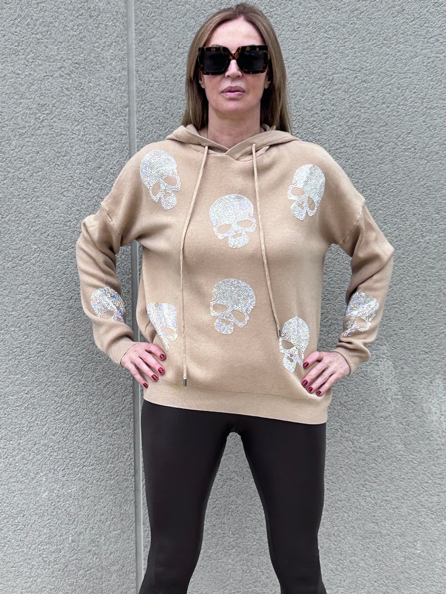 Soft knit and rhinestone hooded sweater