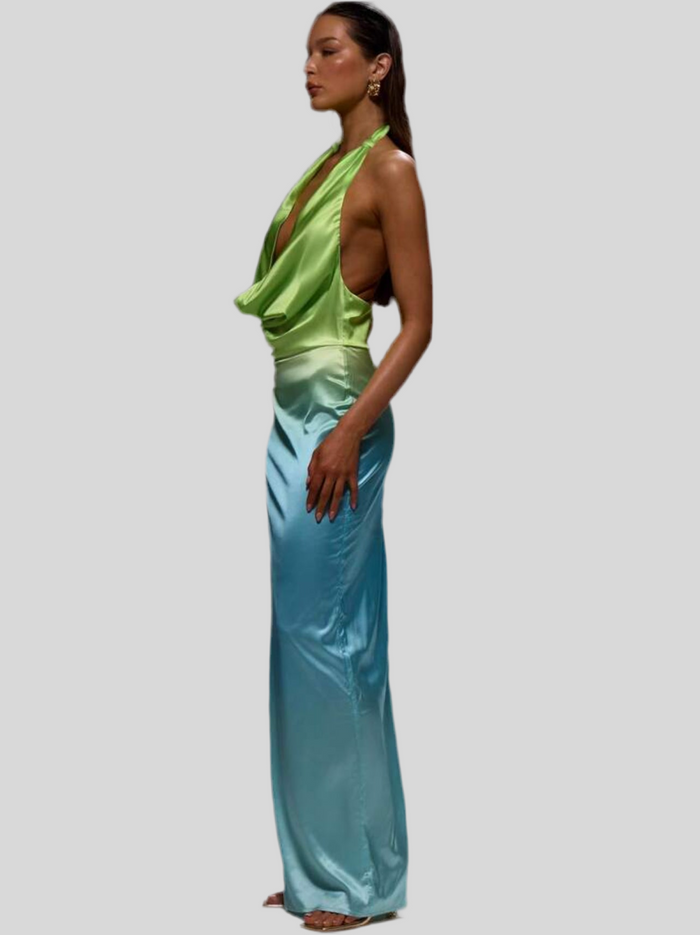 VESTIDO DE SATÉN DEGRADEE ATADO AL CUELLO